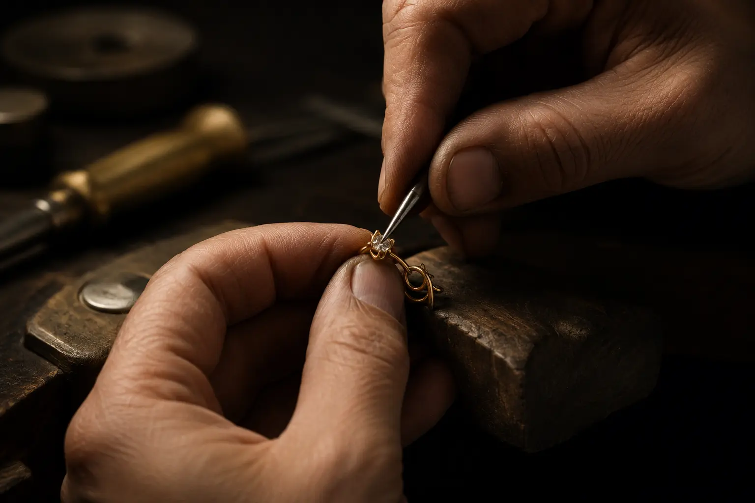 An artisan setting a small stone into a gold jewelry piece by hand.