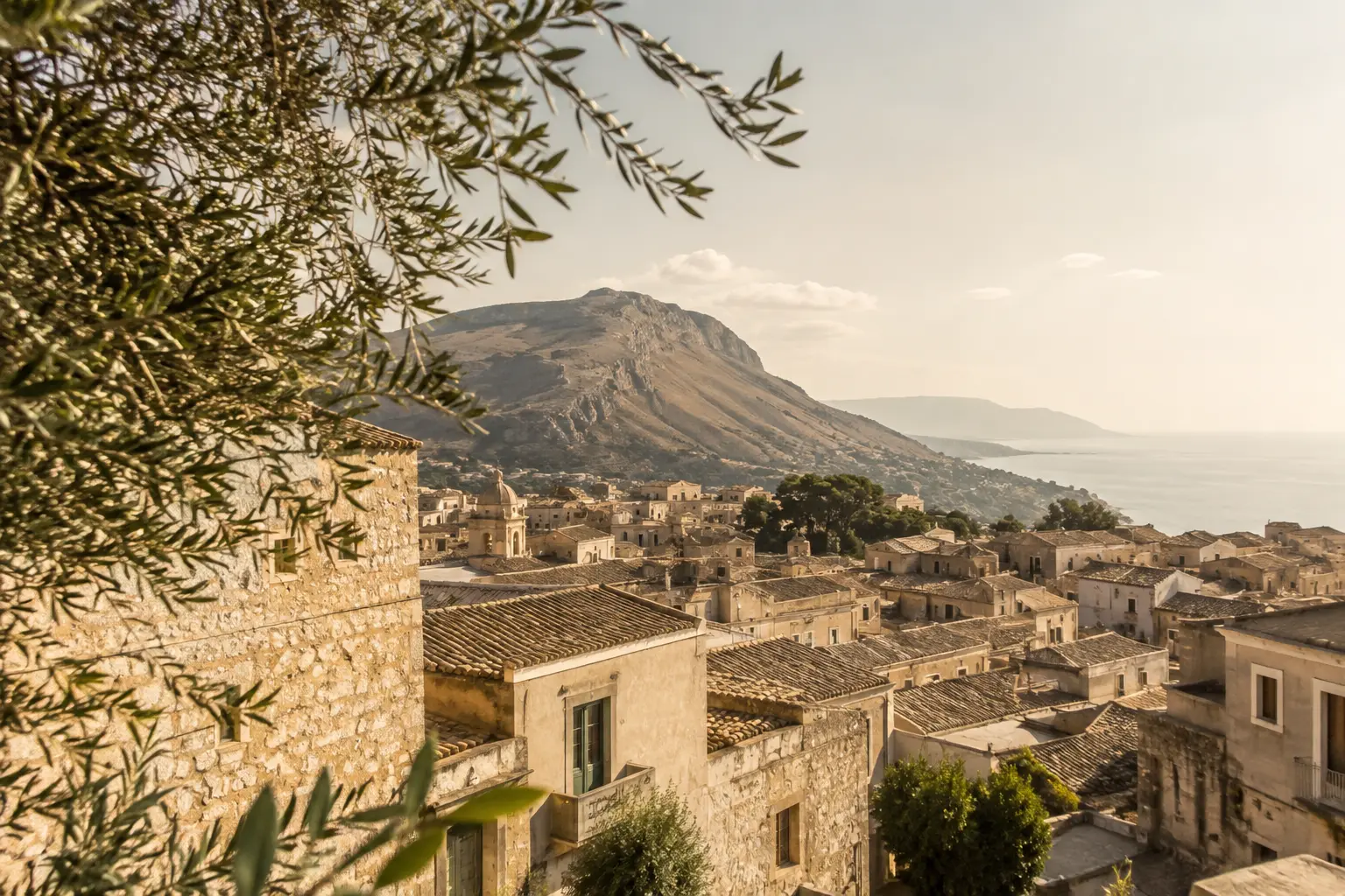 A Sicilian hill town framed by olive branches in warm morning light.